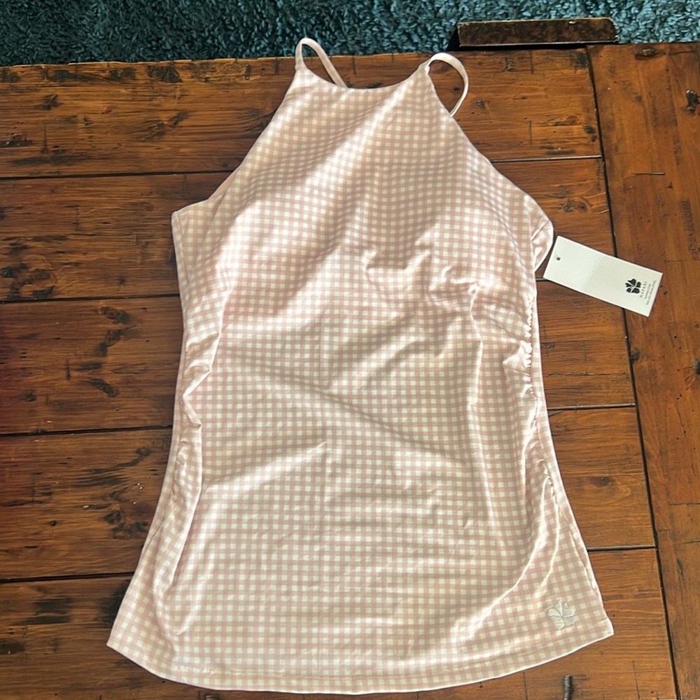 Hapari white and pink checked High-Neck Strappy Tankini Top